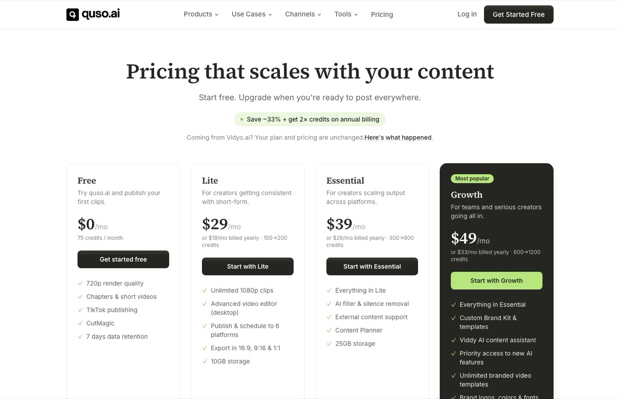 Repurpose.io alternatives: Quso.ai pricing showing a free plan with 75 credits and paid tiers from $29 monthly