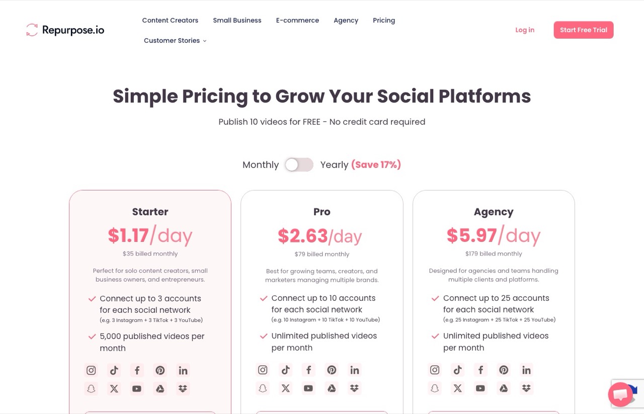 Repurpose.io pricing page showing Starter at $35 billed monthly with up to 3 accounts for each social network