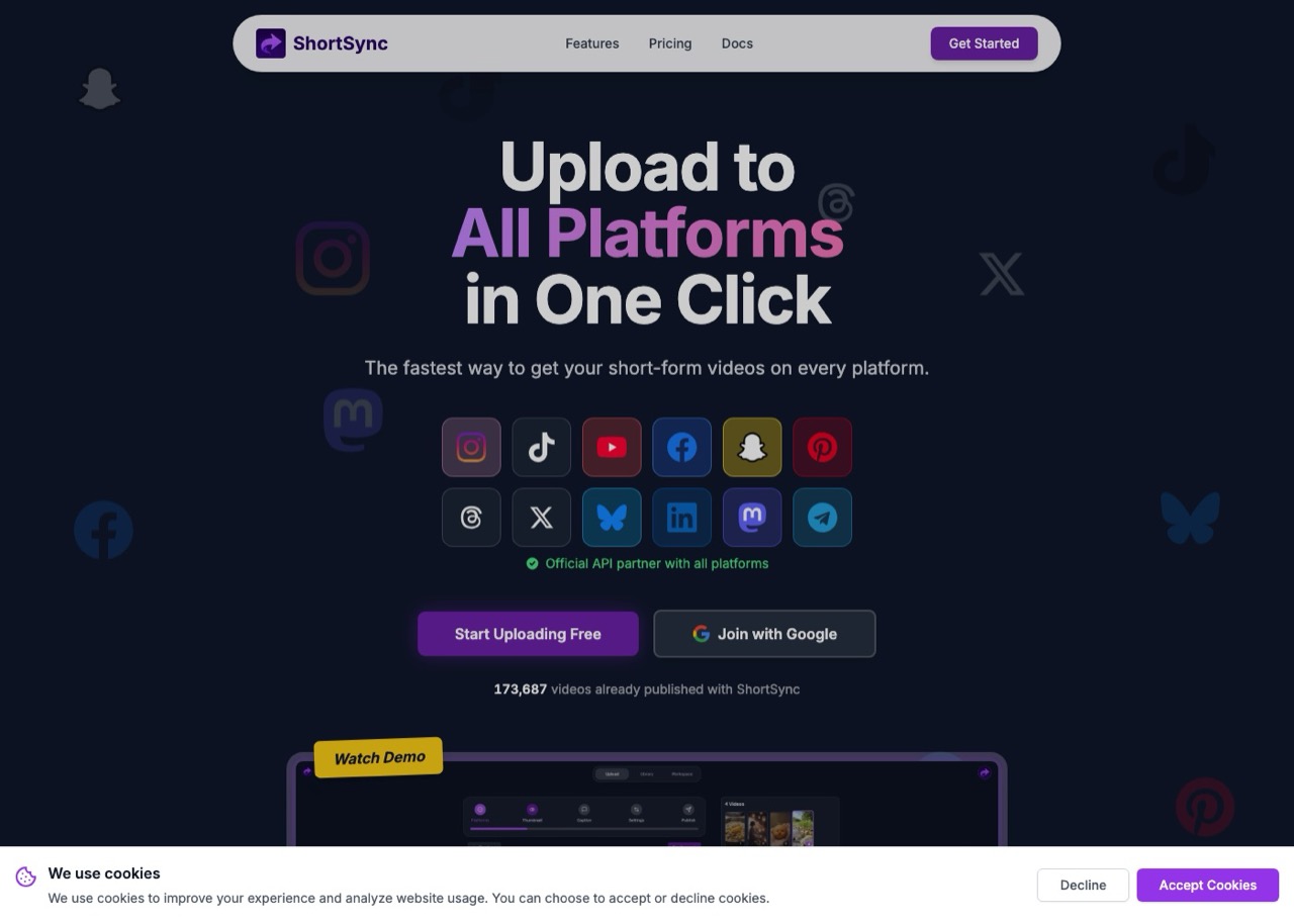 Repurpose.io alternatives: ShortSync homepage showing one-click upload to twelve social platforms