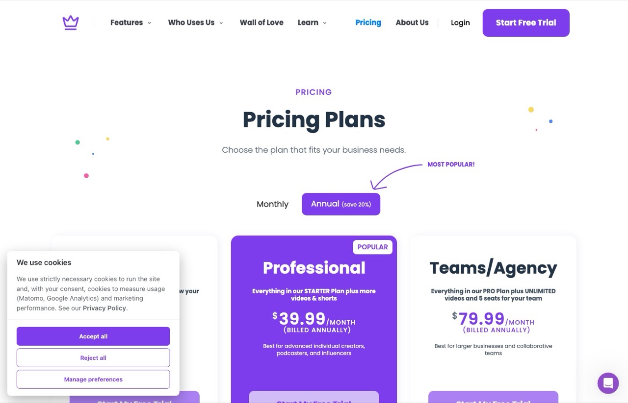Repurpose.io alternatives: Taja AI pricing page showing Starter at $19.99, Professional at $49.99 and Teams at $99.99 monthly
