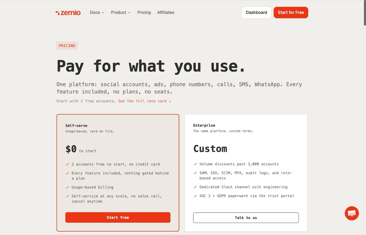 Repurpose.io alternatives: Zernio usage-based pricing page starting with two free accounts