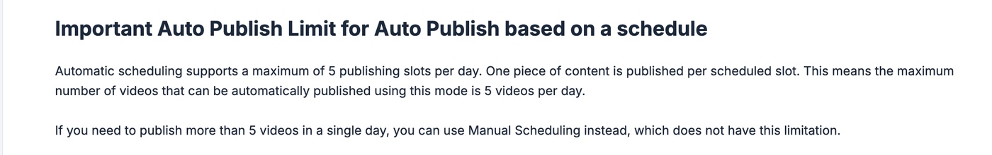 Repurpose.io help centre stating automatic scheduling supports a maximum of 5 publishing slots per day