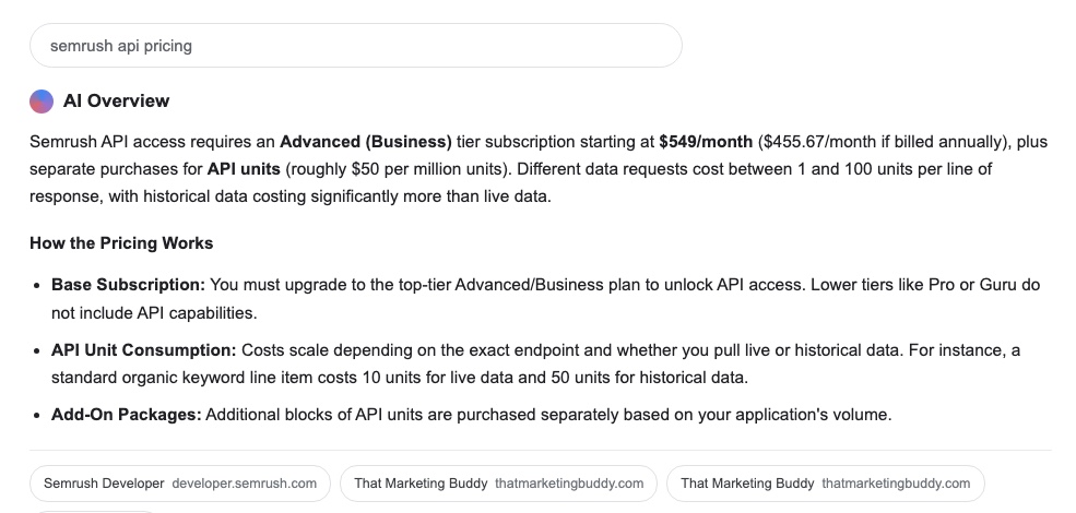 Google AI Overview for semrush api pricing describing an Advanced (Business) tier and referring to Pro and Guru plans