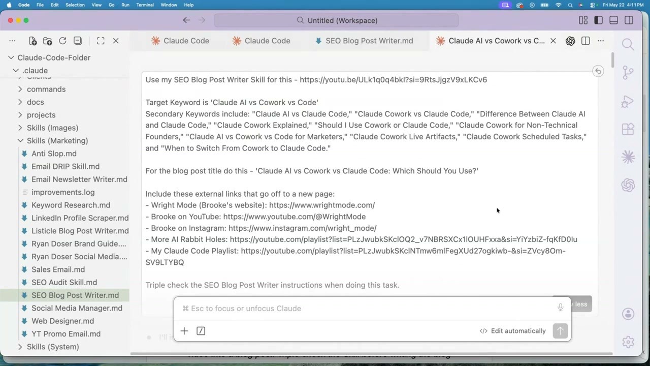 SEO content strategy skill file in Claude Code showing a target keyword and secondary keywords for a blog post