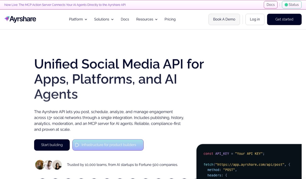 Ayrshare homepage showing a unified social media API for apps platforms and AI agents across 13 plus networks