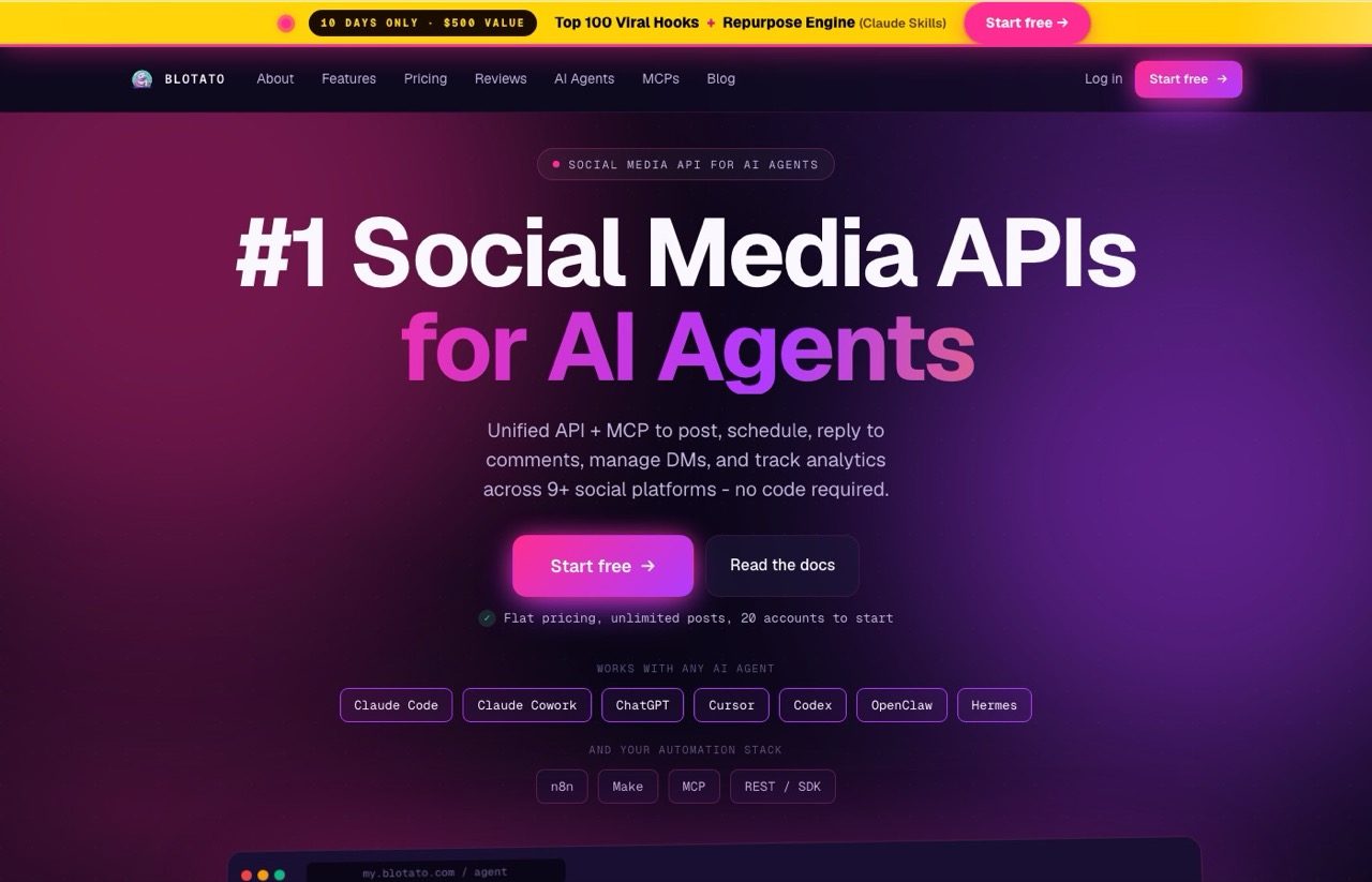 Blotato homepage showing a unified social media API and MCP server for AI agents across 9 platforms