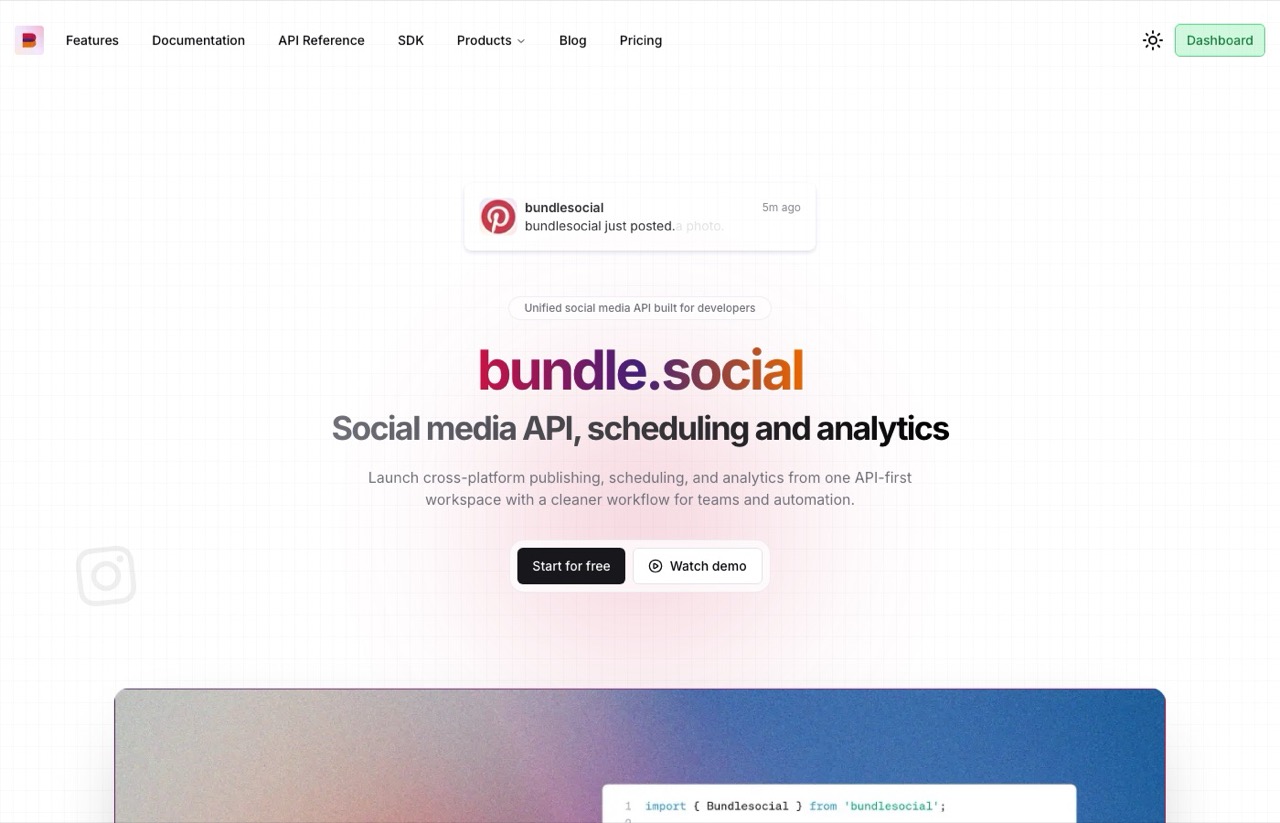 bundle social homepage describing a unified social media API with scheduling and analytics built for developers