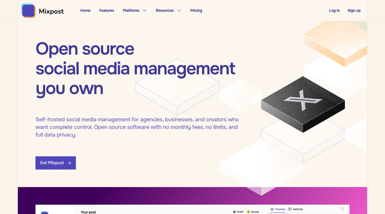 Mixpost homepage advertising open source self-hosted social media management with no monthly fees