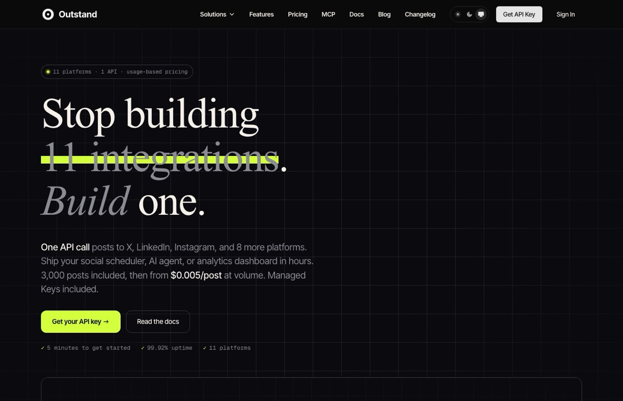 Outstand homepage advertising one social media API across 11 platforms with usage-based pricing