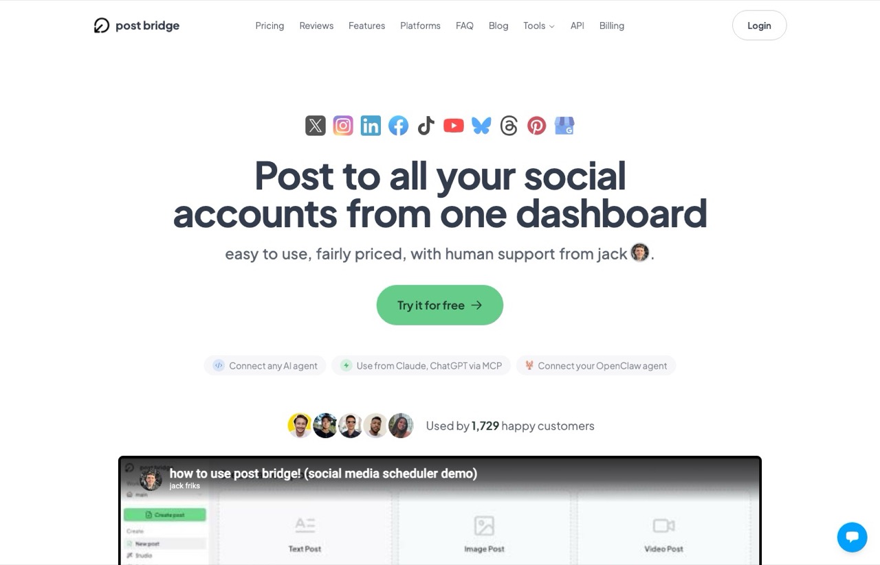 Post Bridge homepage offering posting to all social accounts from one dashboard with AI agent and MCP support