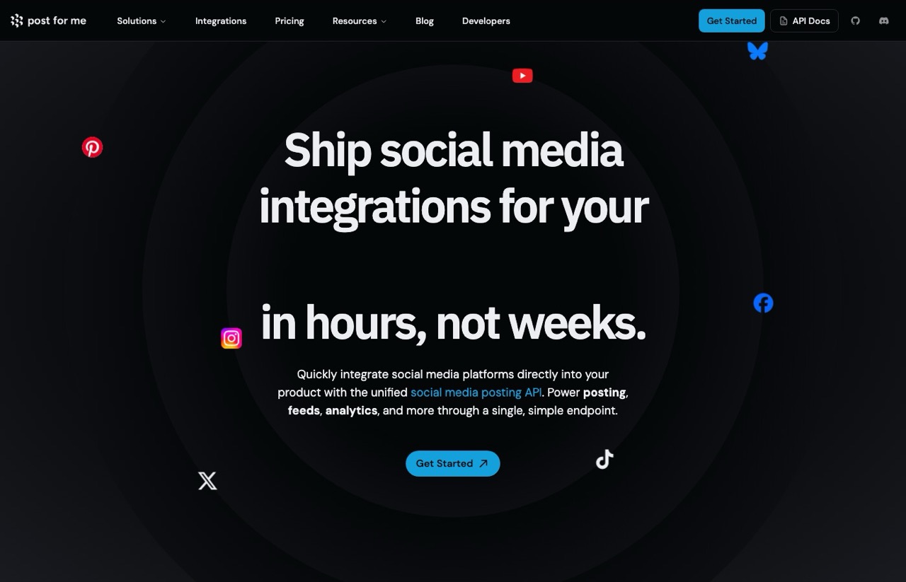 Post For Me homepage offering a unified social media posting API for shipping integrations quickly