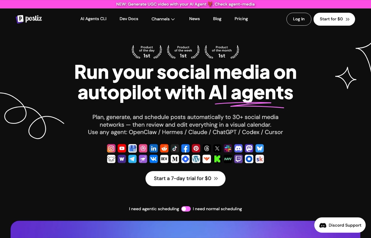 Postiz homepage advertising social media scheduling on autopilot with AI agents across 30 plus networks