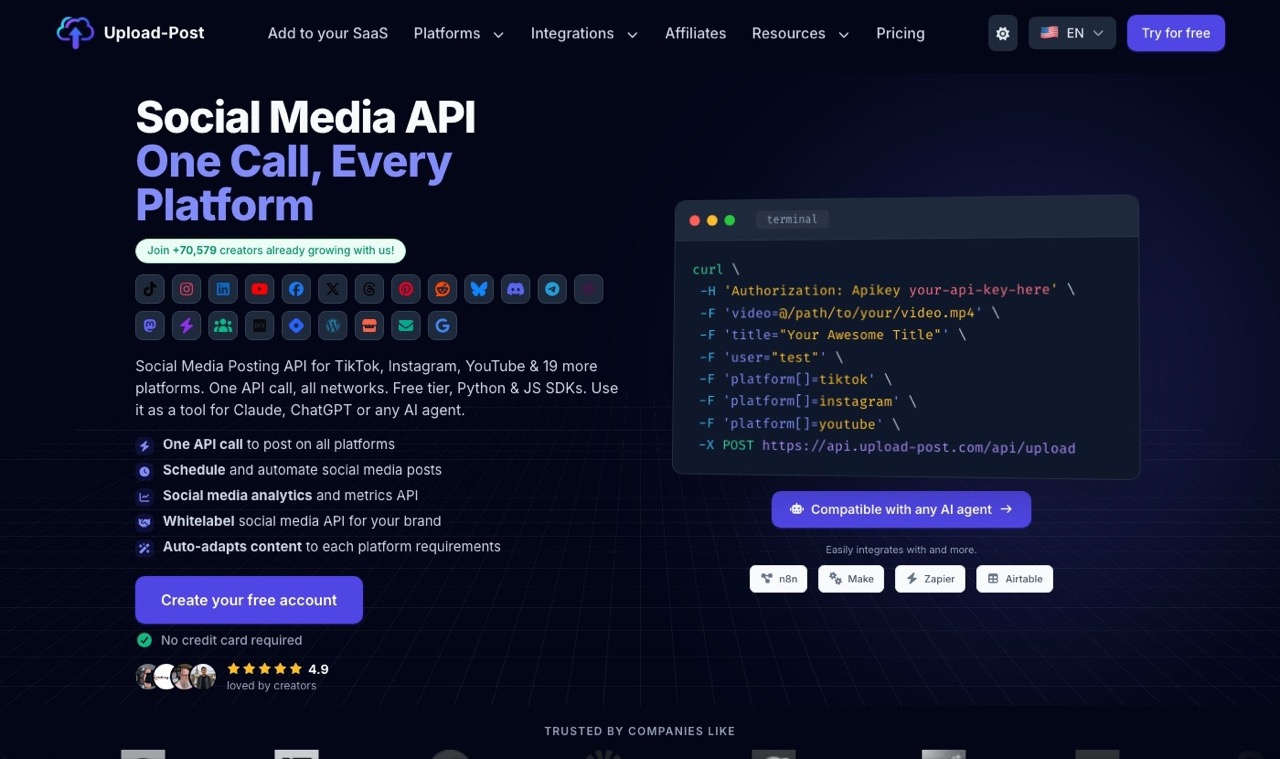 Upload-Post homepage showing a social media posting API for TikTok Instagram YouTube and more platforms
