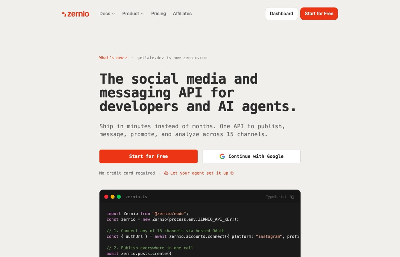 Zernio homepage describing a social media and messaging API for developers and AI agents across 15 or 16 channels depending which of their pages you read