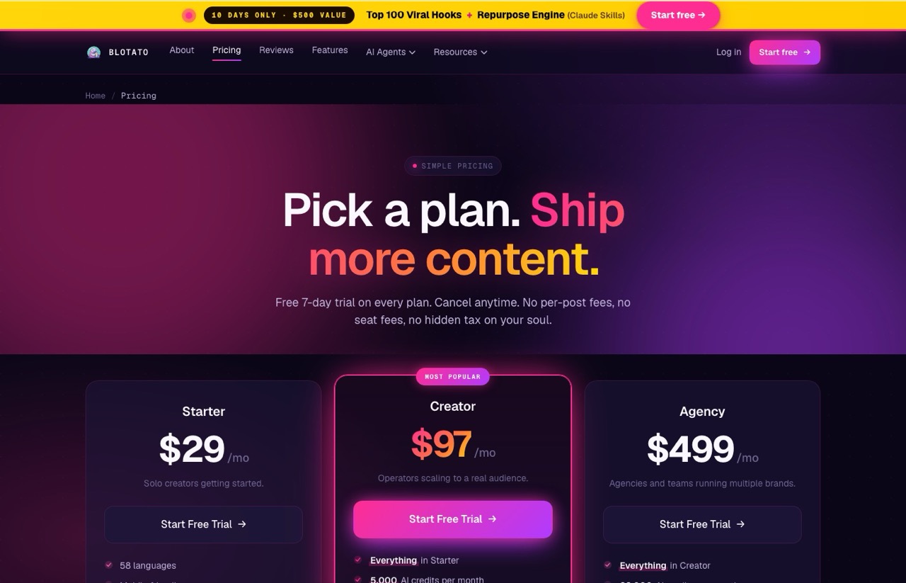 Zernio alternatives: Blotato pricing page showing Starter, Creator and Agency monthly plans
