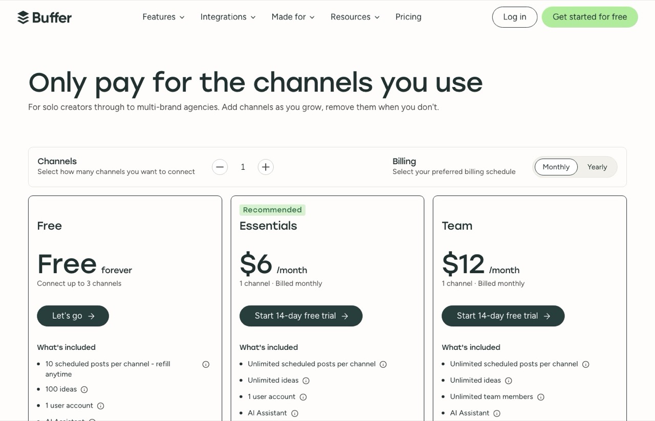Zernio alternatives: Buffer pricing set to monthly billing showing 6 dollars per channel