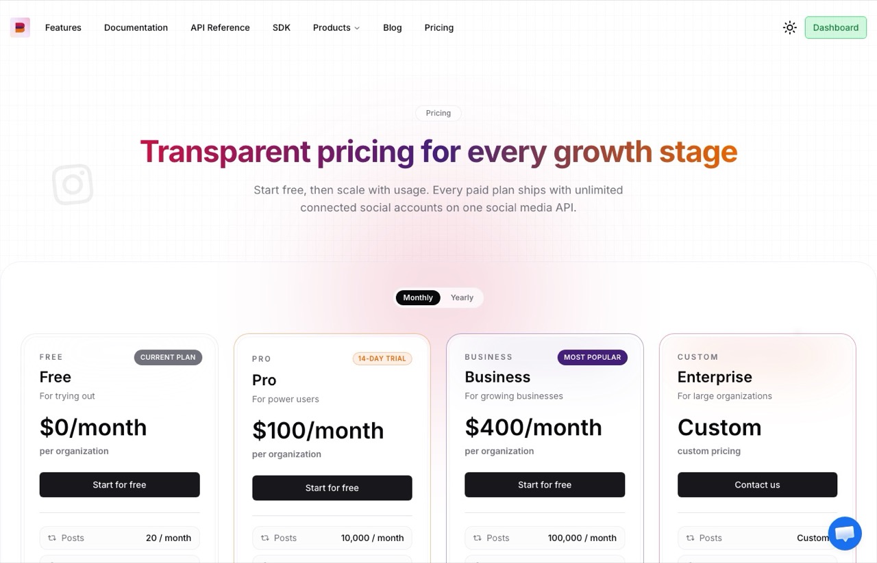 Zernio alternatives: bundle.social pricing showing Free, Pro, Business and Enterprise per organization