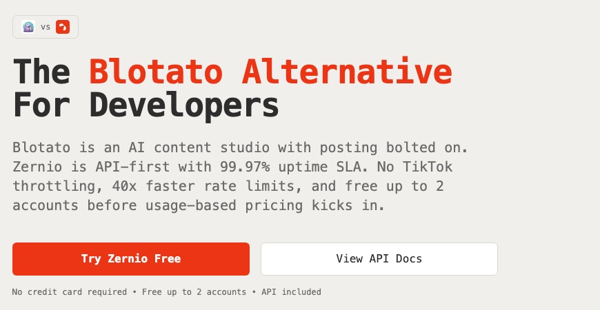 Zernio comparison page claiming 40x faster rate limits than Blotato, captured 1 August 2026