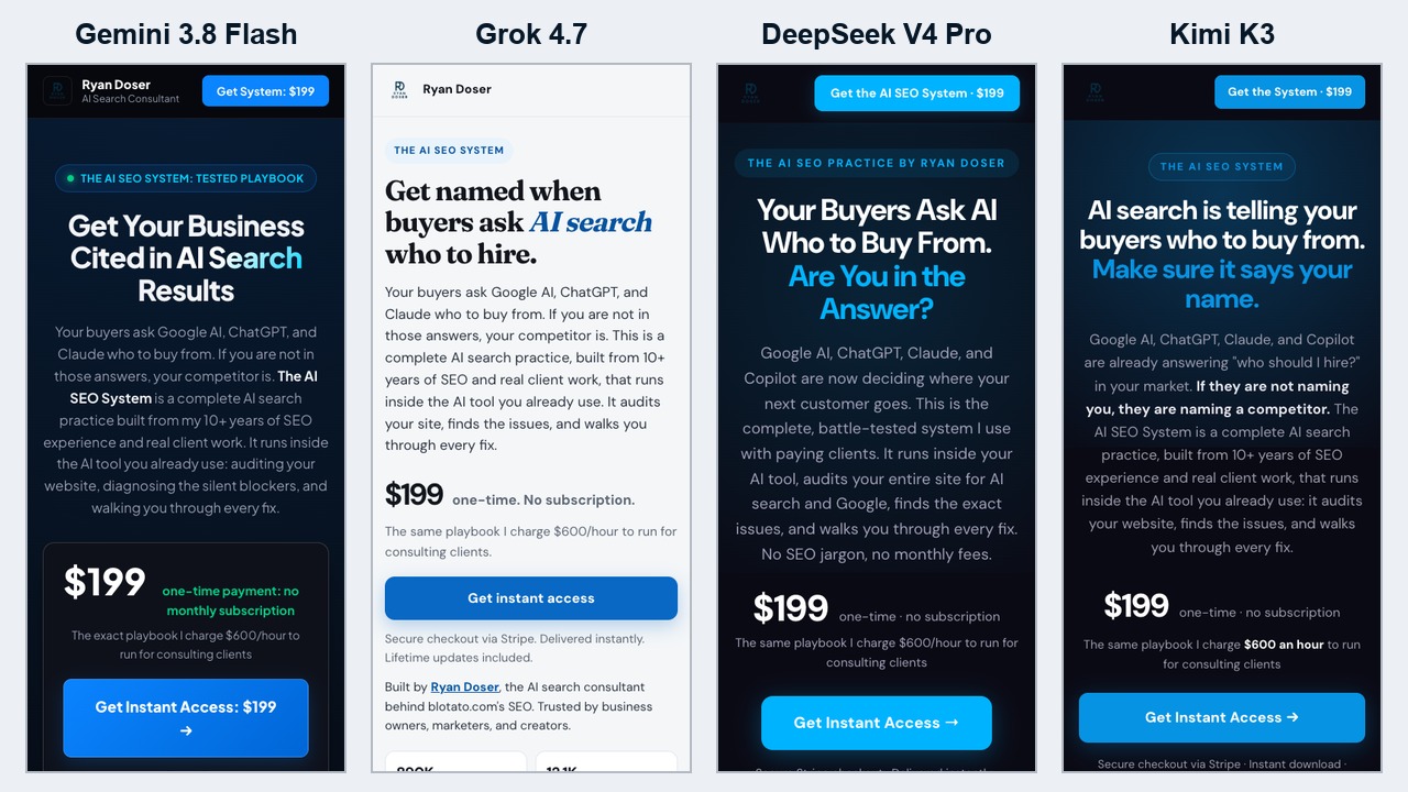 Best AI for marketing landing page test showing phone screenshots of four AI model redesigns