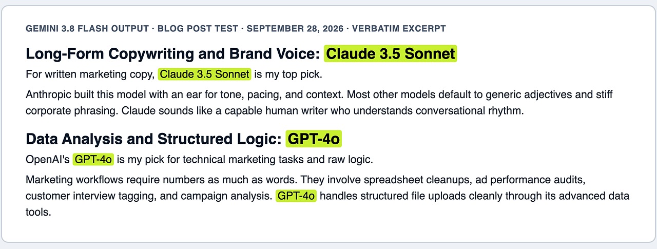 Best AI for marketing test excerpt where Gemini 3.8 Flash recommends Claude 3.5 Sonnet and GPT-4o
