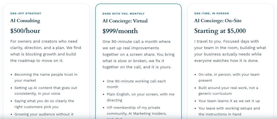 Best AI marketing consultants, Ryan Doser consulting prices for hourly, monthly and on-site work