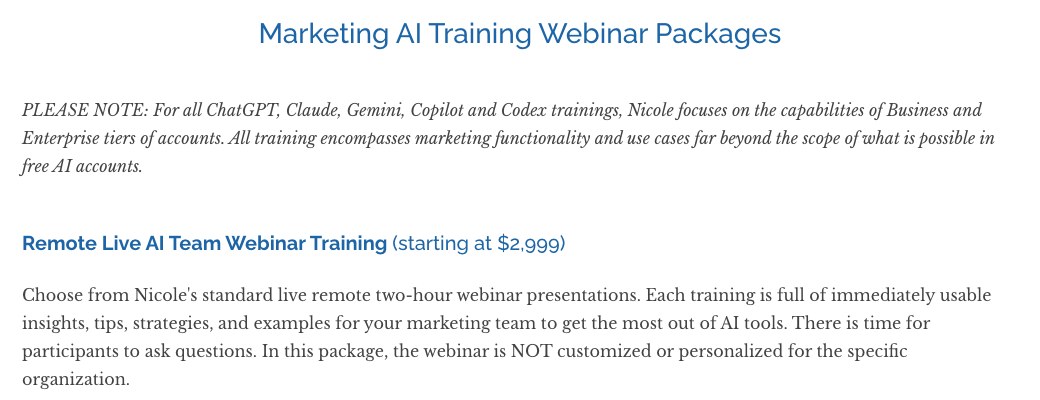Best AI marketing consultants, Nicole Leffer team AI webinar training starting price