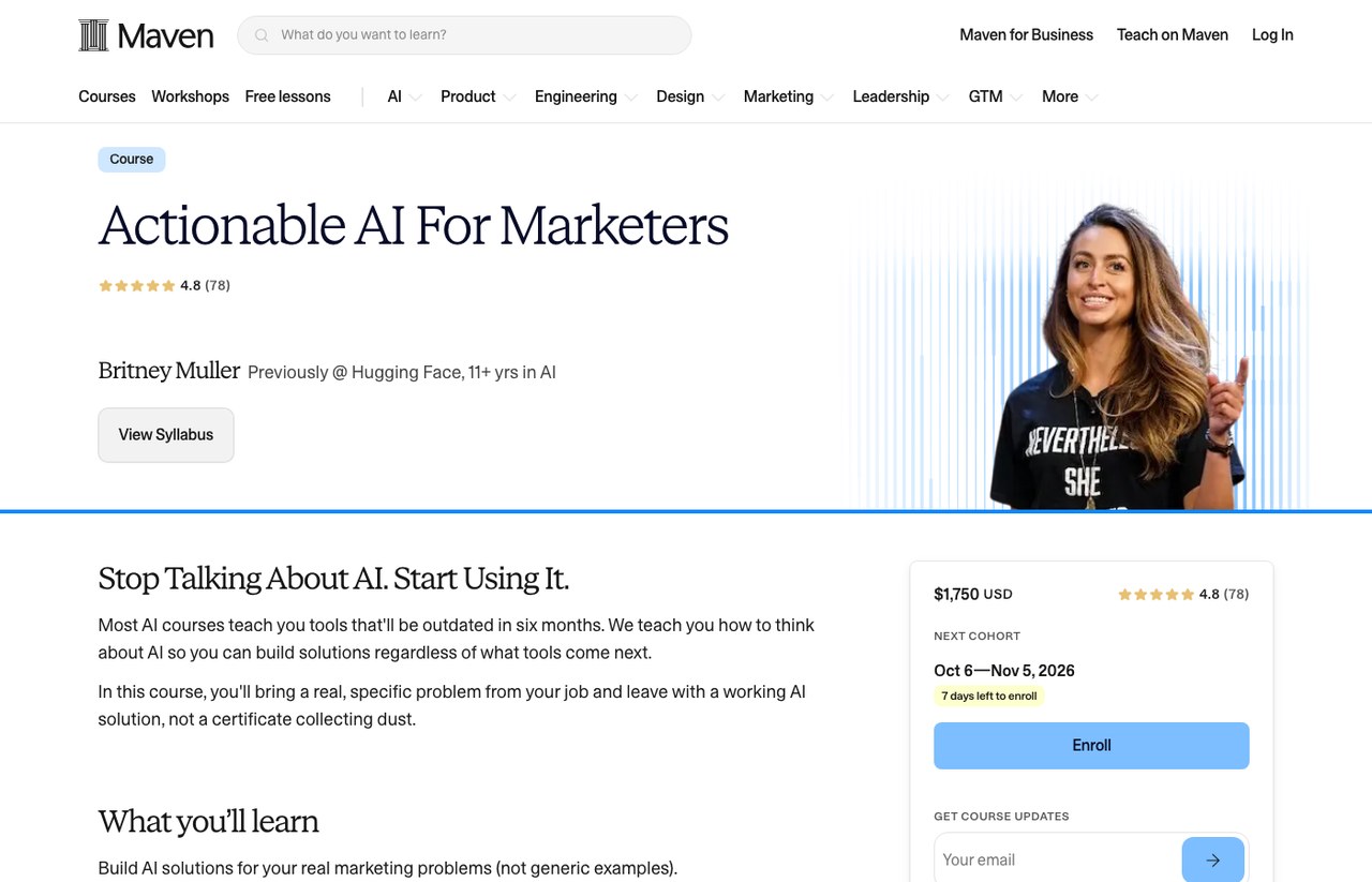 Best AI marketing consultants, Britney Muller Actionable AI for Marketers course on Maven