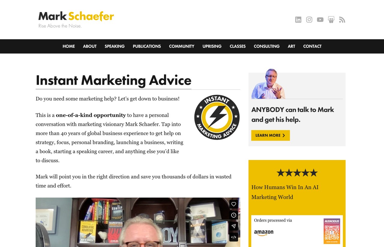 Best AI marketing consultants, Mark Schaefer Instant Marketing Advice page