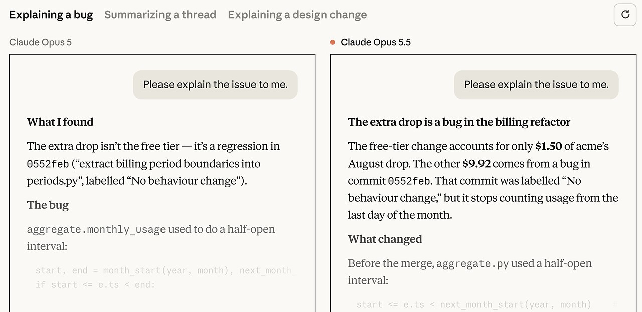 Best Claude model for writing comparison: Opus 5 and Opus 5.5 explaining the same bug