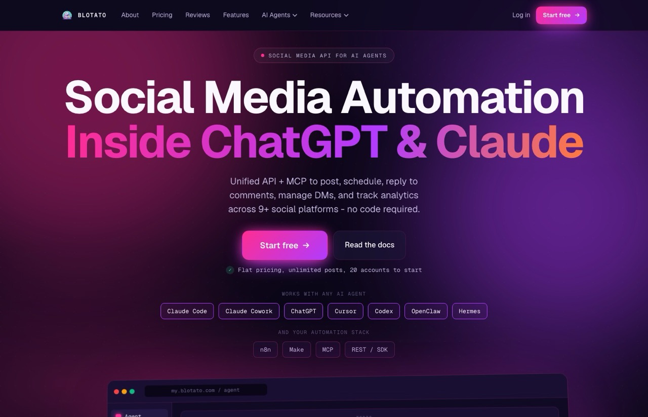 Blotato homepage showing social media automation for AI agents