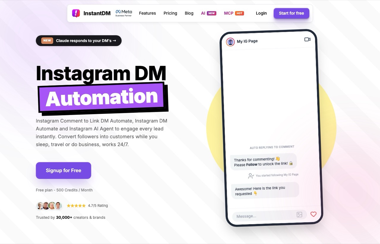 InstantDM homepage showing unlimited Instagram DM automation pricing