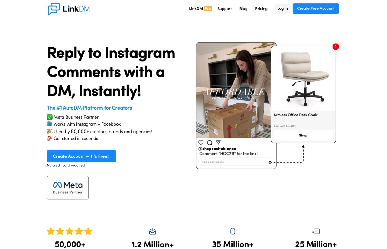 LinkDM homepage showing Instagram DM automation and link delivery