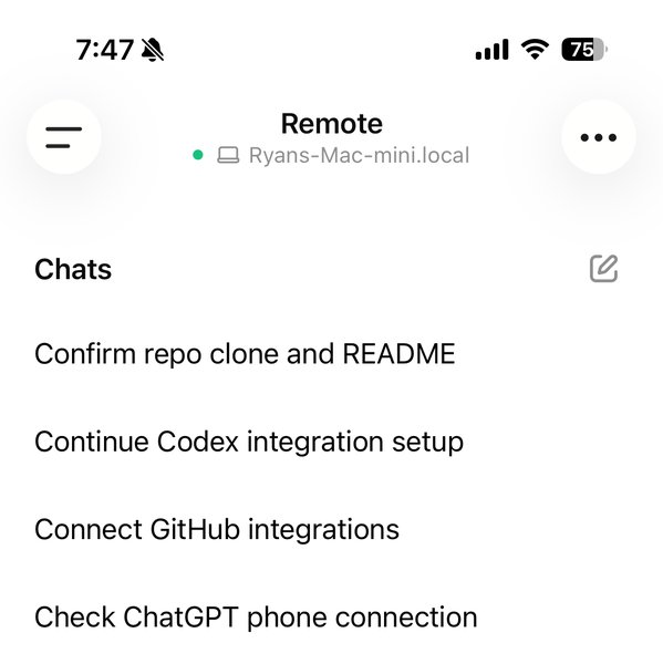 ChatGPT mobile app showing a Remote connection to Ryans-Mac-mini.local with active chats