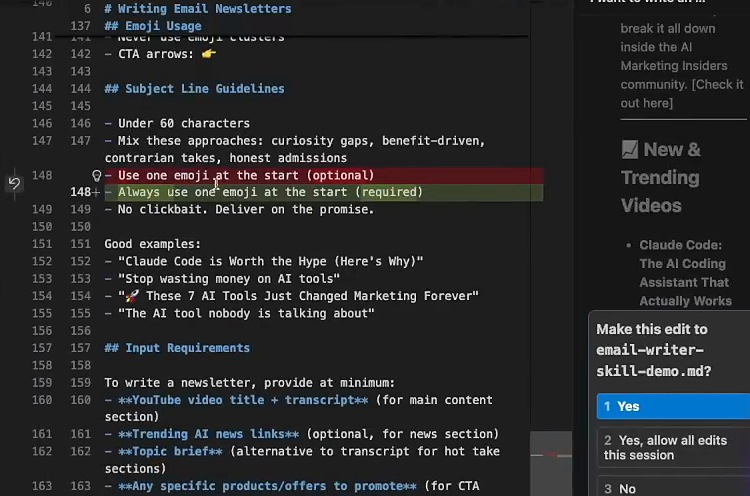 Claude Code showing a red and green diff of a skill file and asking to approve the edit