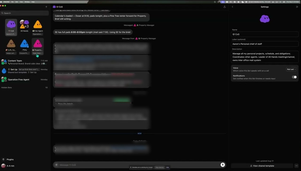 Grok Bot Chief of Staff bot configuration panel showing name, label, and description fields