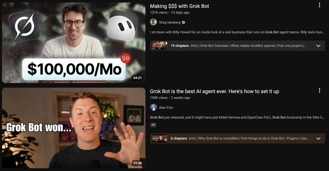 YouTube search results showing Grok Bot videos with 131K and 108K views promising money and best-ever claims