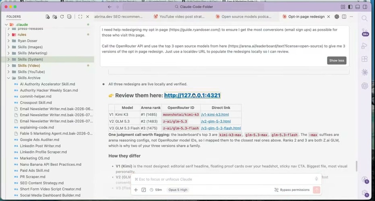 VS Code showing three open source AI models mapped to OpenRouter model IDs with Arena ranks for a landing page redesign test