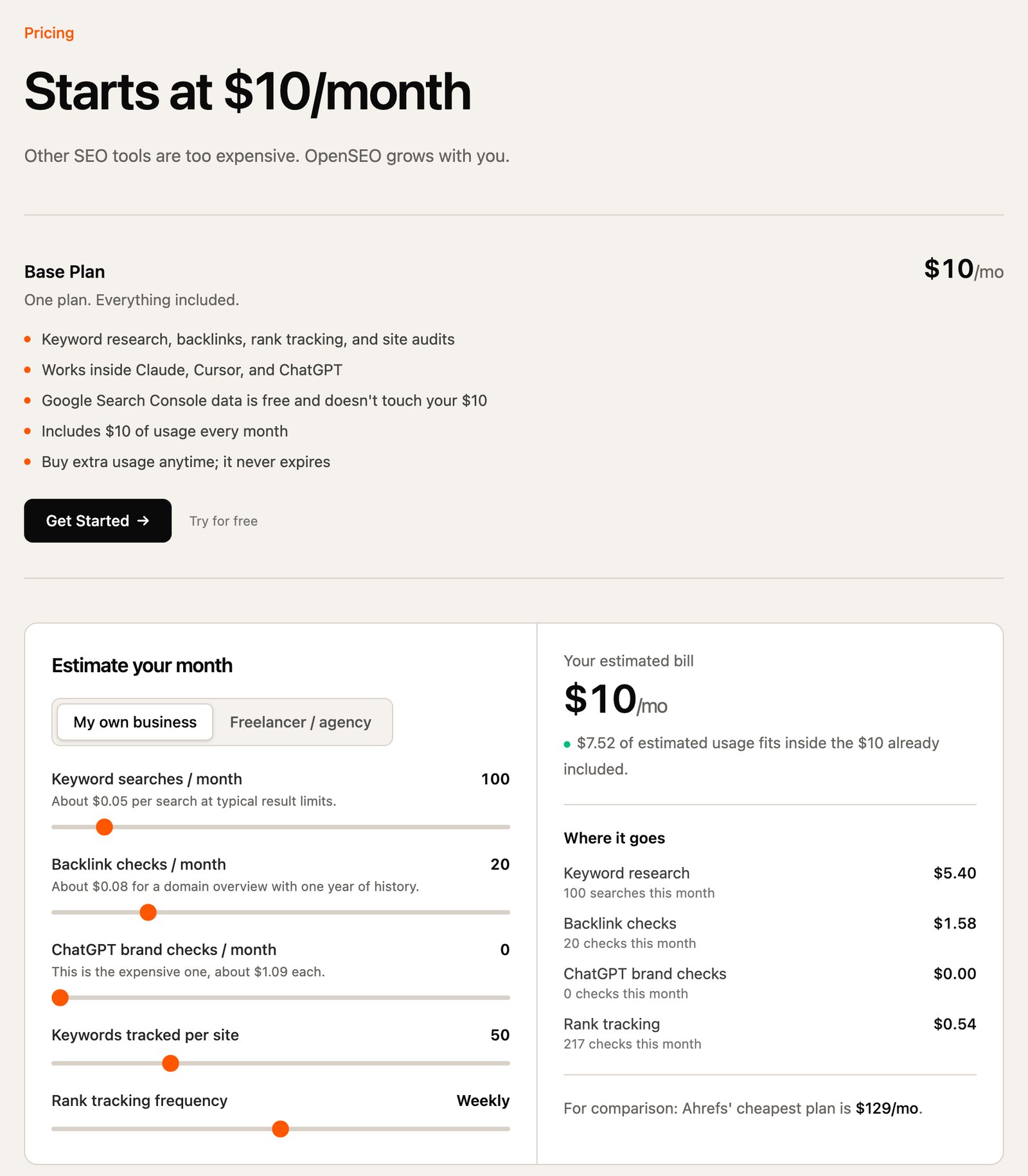 OpenSEO pricing page showing the $10 Base Plan with $10 of usage included and a monthly usage estimator