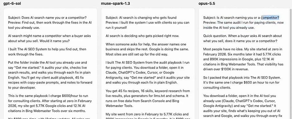 Opus 5.5 vs GPT-6 Sol vs Meta Muse launch email subject lines side by side in the AI model test