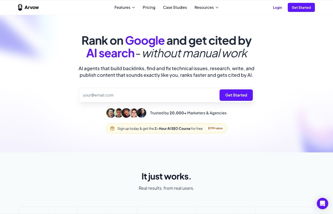 Arvow homepage showing AI agents that build backlinks and publish content, an Outrank alternative