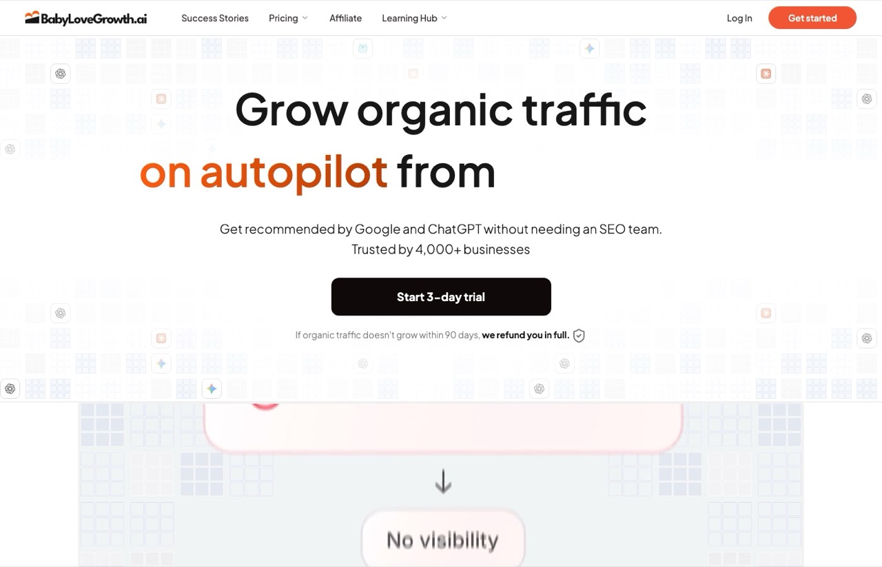 BabyLoveGrowth homepage, an Outrank alternative offering automated organic traffic growth