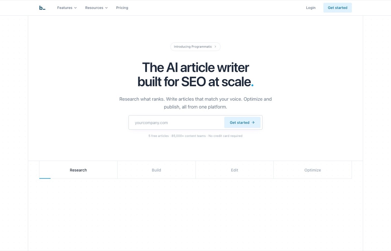 Byword homepage offering an AI article writer built for SEO at scale with 5 free articles