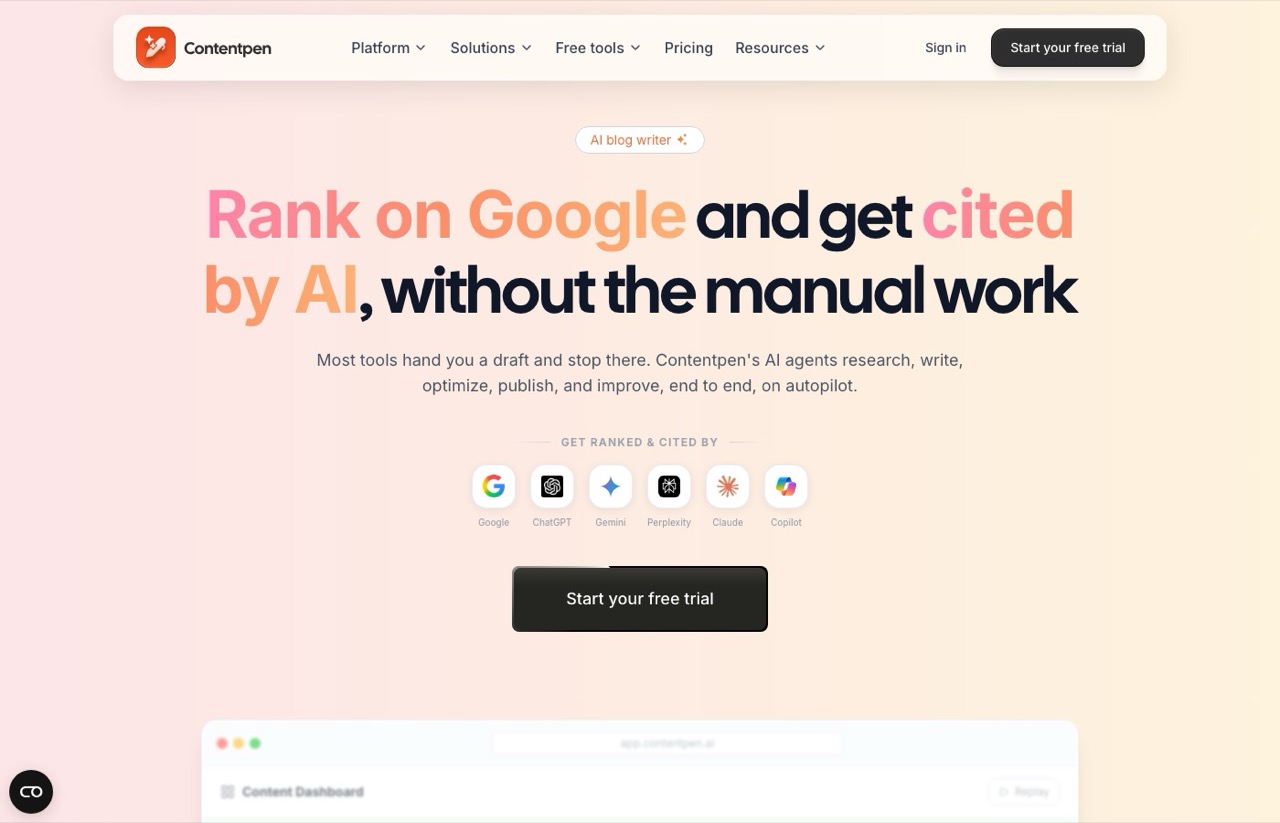 ContentPen homepage showing AI agents that research, write, optimize and publish on autopilot
