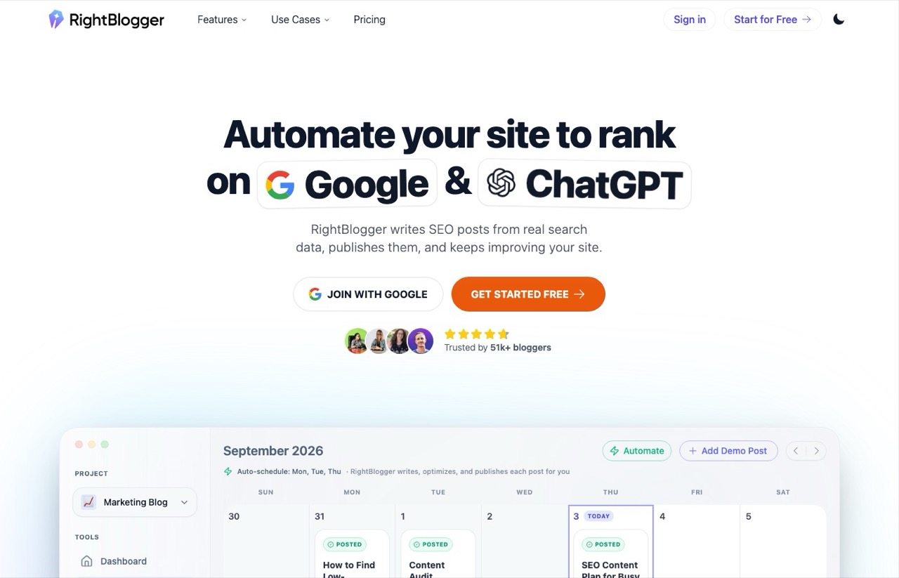 RightBlogger homepage showing automated site publishing with a September 2026 content calendar
