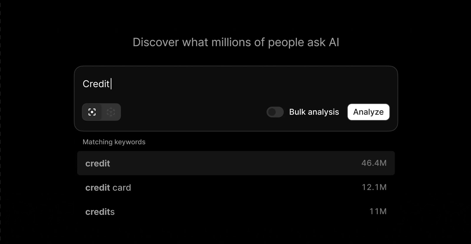 Profound Prompt Volumes interface showing a search for the keyword credit with matching keywords credit at 46.4 million, credit card at 12.1 million and credits at 11 million