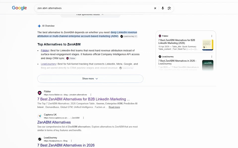 SaaS SEO example: Google AI Overview for zen abm alternatives naming Fibbler first, with Fibbler's page ranked first below
