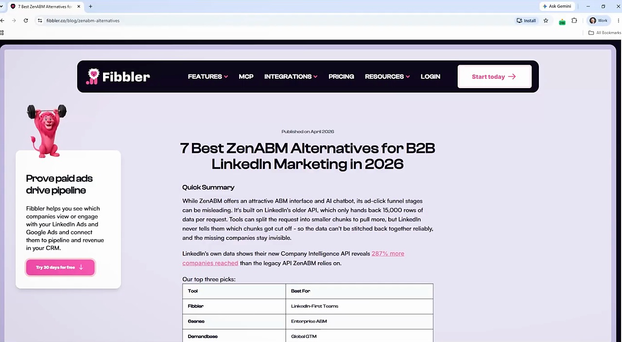 SaaS SEO alternatives page from Fibbler showing the quick summary and top three picks table