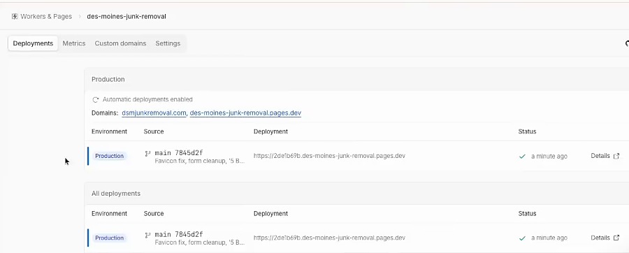 WordPress alternative deploys: Cloudflare Pages deployments list for a site pushed from GitHub