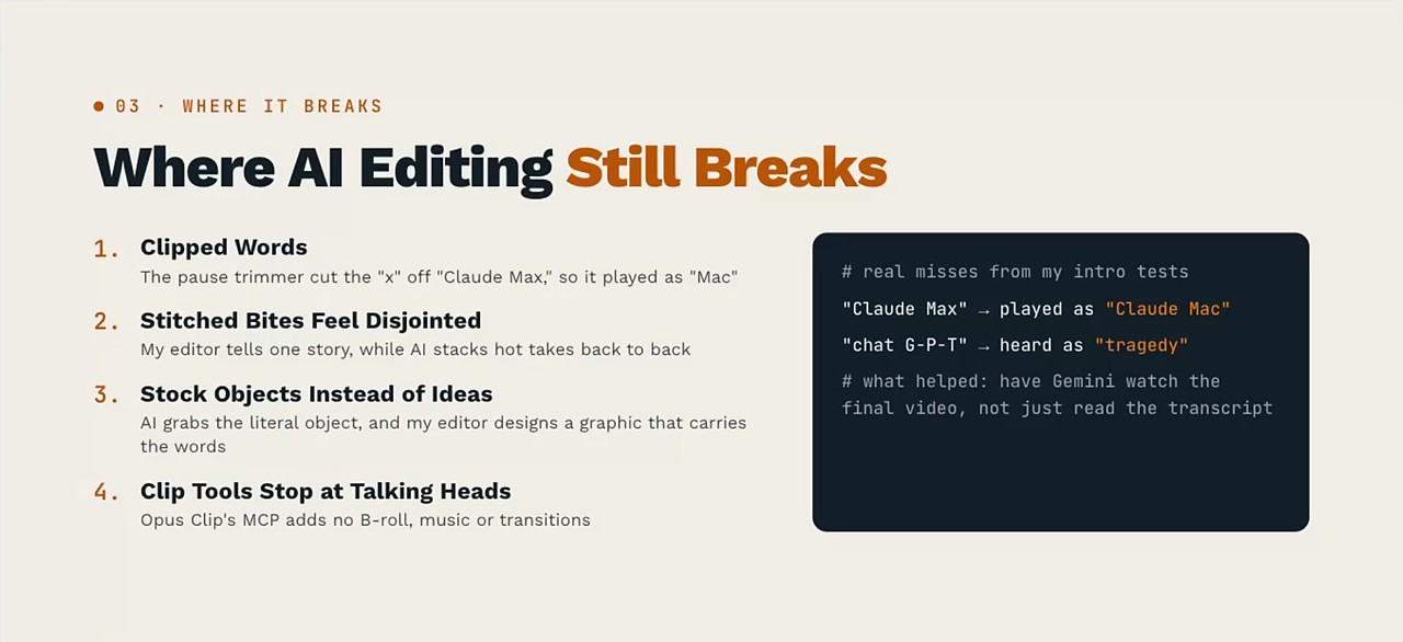 AI video editing failures slide: clipped words, disjointed bites, stock objects, clip tools that stop at talking heads