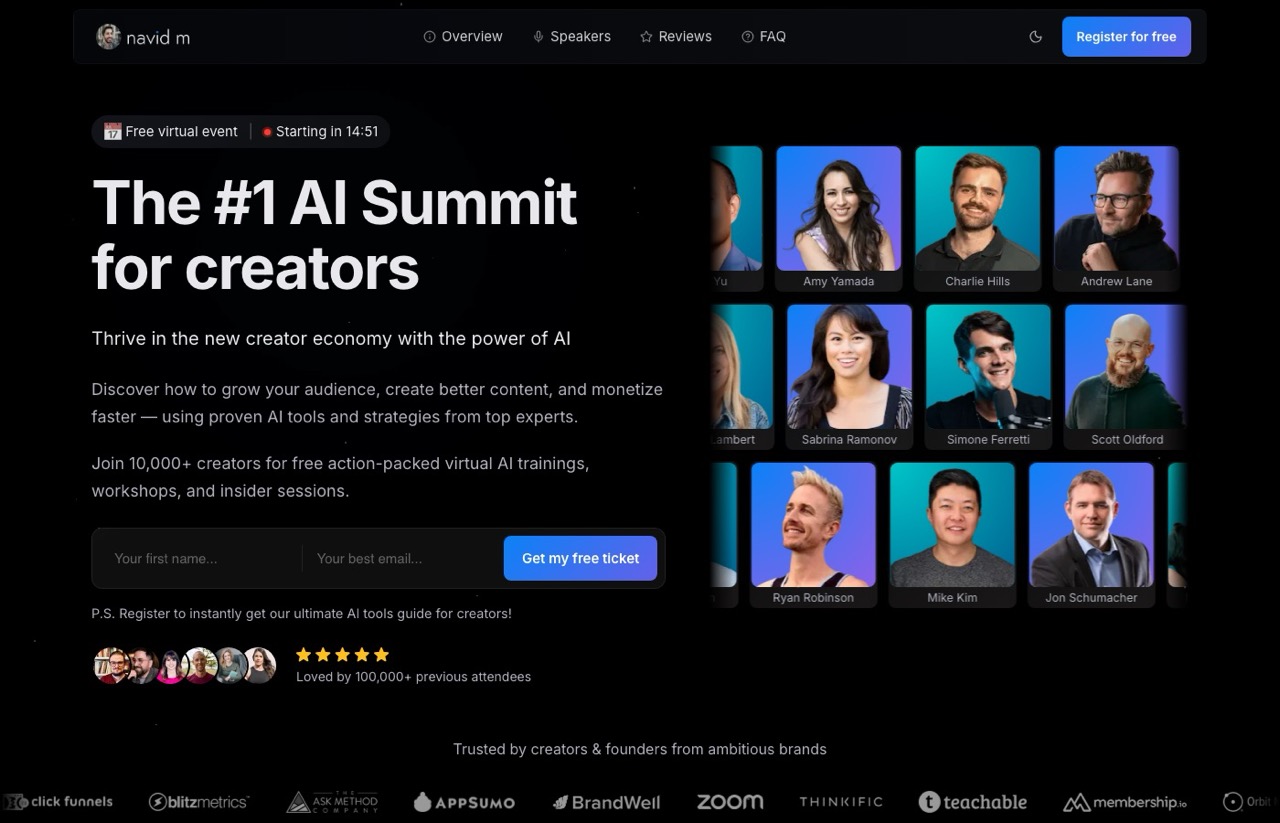 AI Creator Summit page by Navid Moazzez, a free virtual AI summit for creators